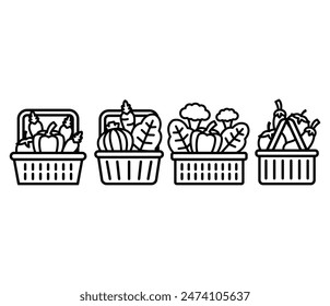 cesta de iconos de vegetales símbolo diseño de Vector línea plana simple ilustración Conjuntos de colección