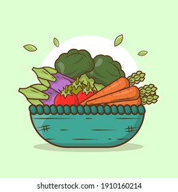 Cesta con verduras aisladas con la ilustración del vector de iconos. Estilo de dibujo plano para página de aterrizaje web, cartel, etiqueta, fondo.