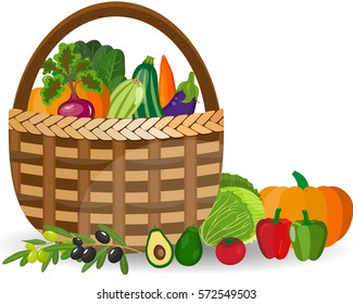 Basket with vegetables isolated on white. Fresh vegetable organic food set still life in basket. Healthy vegetables and vegetarian food banners. Fresh organic food, healthy eating