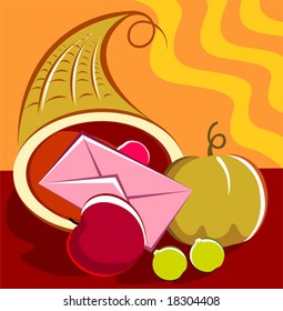  basket of vegetables and a letter envelope	