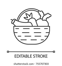 Basket with vegetables linear icon. Autumn harvest. Carrot, eggplant, beetroot. Thin line illustration. Contour symbol. Vector isolated outline drawing. Editable stroke