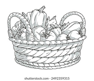 Gemüsekorb Monochrom Set Embleme mit Frischernte von Produkten, die auf der Bio-Lebensmittelmesse Vektorillustration gekauft wurden