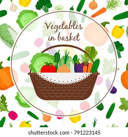 Basket with vegetables, on fall harvest background, vector illustration.