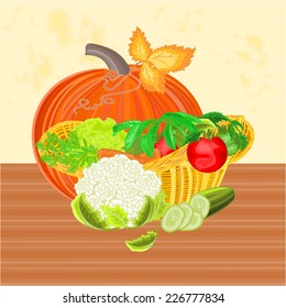 Basket with vegetables and pumpkin  celebratory  thanksgiving Christmas  vector illustration