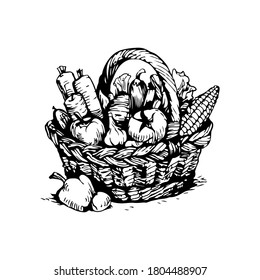 A basket with vegetables: tomato, corn, carrot, pepper. Harvest garden vegetables. Hand drawn line art, etching, inking sketch, black and white vintage stock vector illustration