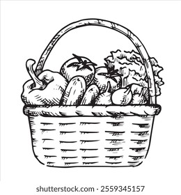 basket with vegetables. Vector illustration in sketch style. farm products, vintage