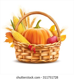 Basket with vegetables and wheat isolated on white. Vector illustration.