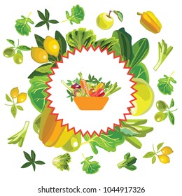 Basket with vegetarian food. Healthy food. Frame of vegetables and fruits. Isolated icon. Vector illustration.

