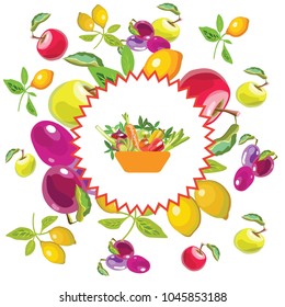 Basket with vegetarian food. Healthy food. Frame of vegetables and fruits. Isolated icon. Vector illustration.

