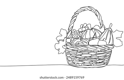 Basket with vegetarian one line continuous. Line art Basket with harvest. Hand drawn vector art.