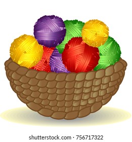 Basket from the vine without a handle full of coils of multicolored yarn, thread