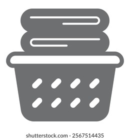 Basket with washed towels solid icon, laundry service concept. Vector graphics. Plastic basket with clothes, cloth sign on white background, glyph style icon for mobile or web design