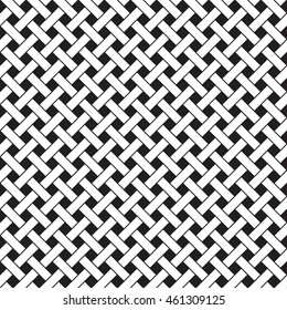 Basket weave seamless pattern. Braiding continuous background of diagonal intersecting perpendicular stripes. Wicker repeating texture. Geometric vector illustration in black and white colors.