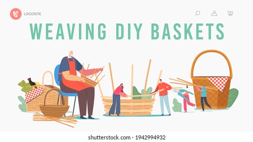 Basket Weaving Diy Landing Page Template. Senior Male Character Make Wicker Pannier of Natural Materials Willow, Bamboo, Dry Grass, Tree Branches. Handmade Hobby. Cartoon People Vector Illustration