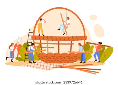 Basket weaving, handicraft business or craft hobby vector illustration. Cartoon tiny people weave huge bamboo or rattan basket on craftsmans workshop, characters make creative wicker container