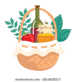 basket wicker with bottle wine, apple and jar honey vector illustration design