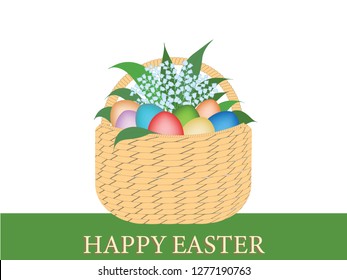 Basket wicker with eggs, lily of the valley bouquet - isolated on white background - vector. Happy easter.