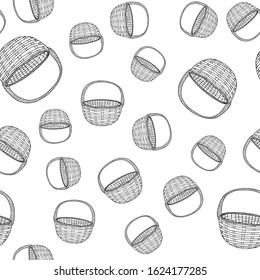 Basket wicker seamless pattern on a white background. Black-and-white image of hand drawing the line. Basket for shopping, Pets, picnic, holiday, Hiking. Vector illustration