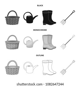 Basket wicker, watering can for irrigation, rubber boots, forks. Farm and gardening set collection icons in black,monochrome,outline style vector symbol stock illustration web.