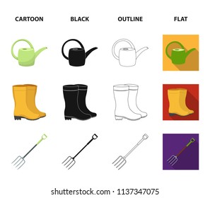 Basket wicker, watering can for irrigation, rubber boots, forks. Farm and gardening set collection icons in cartoon,black,outline,flat style vector symbol stock illustration web.