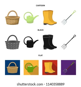 Basket wicker, watering can for irrigation, rubber boots, forks. Farm and gardening set collection icons in cartoon,black,flat style vector symbol stock illustration web.