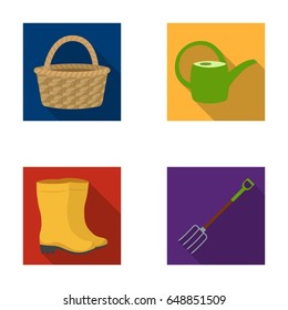 Basket wicker, watering can for irrigation, rubber boots, forks. Farm and gardening set collection icons in flat style vector symbol stock illustration web.