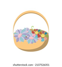 Basket with wild flowers on a white background. Illustration for children's books, material for child development, the theme of picking flowers in the garden, in the forest.