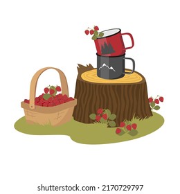 A basket of wild strawberries on the edge of the forest. Camping mugs I'm a berry on a stump. Forest landscape. Vector clipart.