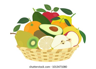 Basket of winter fruit isolated on white background