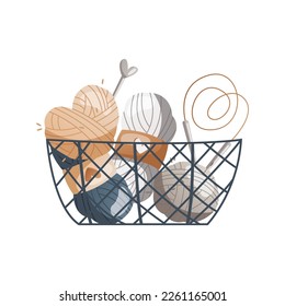 Basket with wool balls, needles for knitting. Skein of yarn. Tools and equipment for knitwork, handicraft. Handmade needlework, hobby at home. Knitting studio, workshop advertising. Cartoon vector