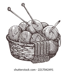 Basket With Wool Balls, Yarn, Knitting Needles. Handmade Knitting Concept. Hand Drawn Sketch Vintage Vector Illustration