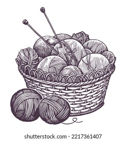 Basket With Wool Balls, Yarn, Knitting Needles. Handmade Knitting Concept. Sketch Vintage Vector Illustration