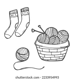 Basket with wool balls, yarn, knitting needles and knitted socks. Handmade knitting concept. Sketch vintage vector illustration