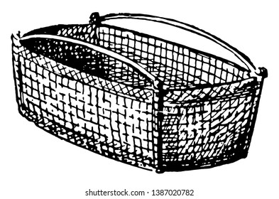 Basket, A woven basket, made from a range of materials, including wood splints, runners, and cane, Baskets are generally woven by hand, vintage line drawing or engraving illustration.