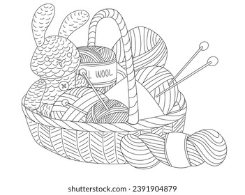 Basket with yarn, knitting needles and a knitted toy rabbit. Vector illustration for home craft stores and postcard design. World Knitting Day. Black and white illustration coloring book.