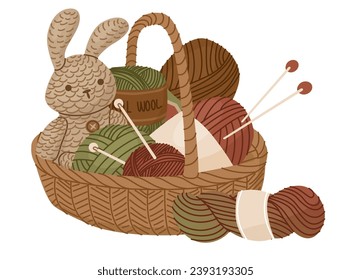 Basket with yarn, knitting needles and a knitted toy rabbit. Concept Vector illustration for home craft stores and postcard design. World Knitting Day in Public Places.