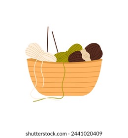 Basket yarn for knitting. Wool basket, handmade hobby, handicraft instruments cartoon vector illustration