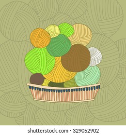 Basket with yarn. Vector element for design