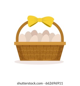 Basket with yellow bow full of fresh farm eggs vector Illustration