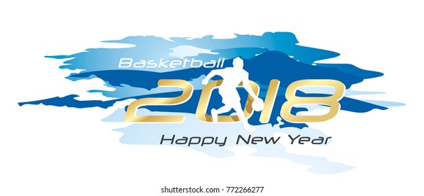 Basketball 2018 Happy New Year logo icon watercolor blue white background