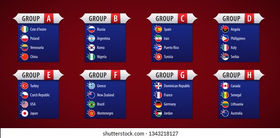 Basketball 2019, participant flags sorted by groups. Vector illustration.