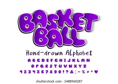 Basketball, 3D cartoon vector alphabet. Hand drawn uppercase letters, numbers. Funny bubble three dimensional typeface, purple gradient color and transparent shadow. Comic font for sports design