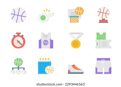 Basketball 3d icons set. Pack flat pictograms of ball, whistle, basket, cup of competition, stopwatch, t-shirt, medal, game tickets, sneakers and other. Vector elements for mobile app and web design