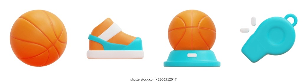 Juego de iconos vectoriales 3d de baloncesto. Pelota, zapatos, trofeo, silbato. 3d concepto de baloncesto y equipamiento. Aislado sobre fondo blanco. Ilustración del vector de icono 3d.