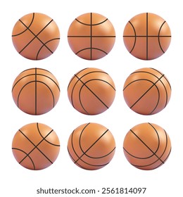 Basketball 3d vector. Streetball ball icon set. Realistic isolated school game equipment emoji. Cartoon emoticon different play stuff. Sport team round sticker. Drop to hoop ring, goal to win match