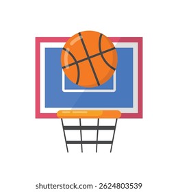 Uma bola de basquete prestes a entrar no aro, simbolizando partidas de basquete, marcando pontos e trabalho em equipe.