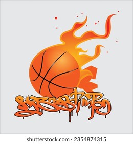 Basketball with accompanying text, an athletic and dynamic print for trendy apparel.