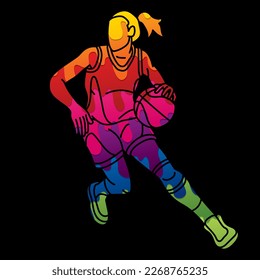 Basketball Action Female Player Cartoon Sport Graphic Vector