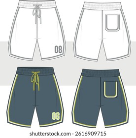 Basketball active wear short for men and boys. Print detail shorts. Fashion flat sketch technical drawing  illustration, vector. Front and back view, cad, mockup.