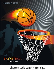 Basketball Advertising poster. Abstract sport background. Vector illustration with Flaming ball for design.